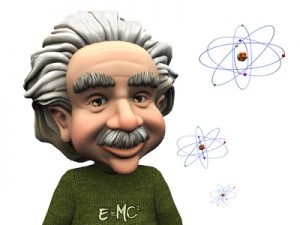 Smiling cartoon Einstein with atoms.