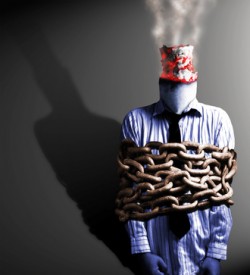 A chained man with a cigarette head symbolizing an addiction to smoking