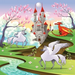 Pegasus, unicorn and dragon in a mythological landscape