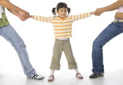 Man and woman quarrelling about little, confused girl. White background, whole body of little girl