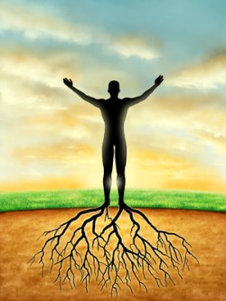 Man silhouette connects to the Earth with some roots developing from its legs. Digital illustration.