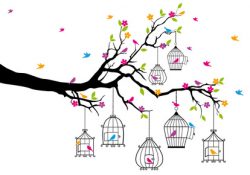 tree with birds and birdcages, vector
