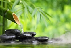 Spa still life with bamboo fountain and zen stone